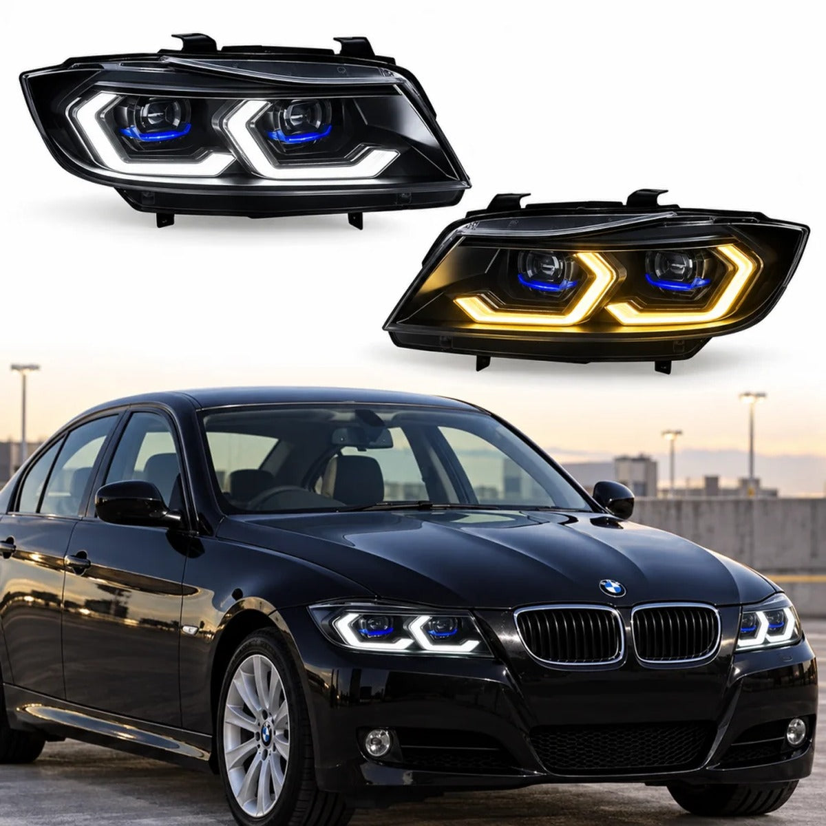 2005-2012 BMW 3-Series/M3 Yellow-White DRL Ikon Style LED Headlights | E90/E91