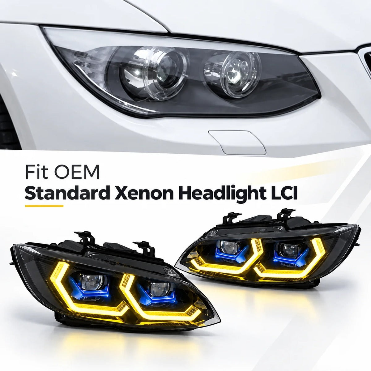 2011-2013 BMW 3-Series/M3 Yellow-White DRL Ikon Style LED Headlights | E92/E93 LCI