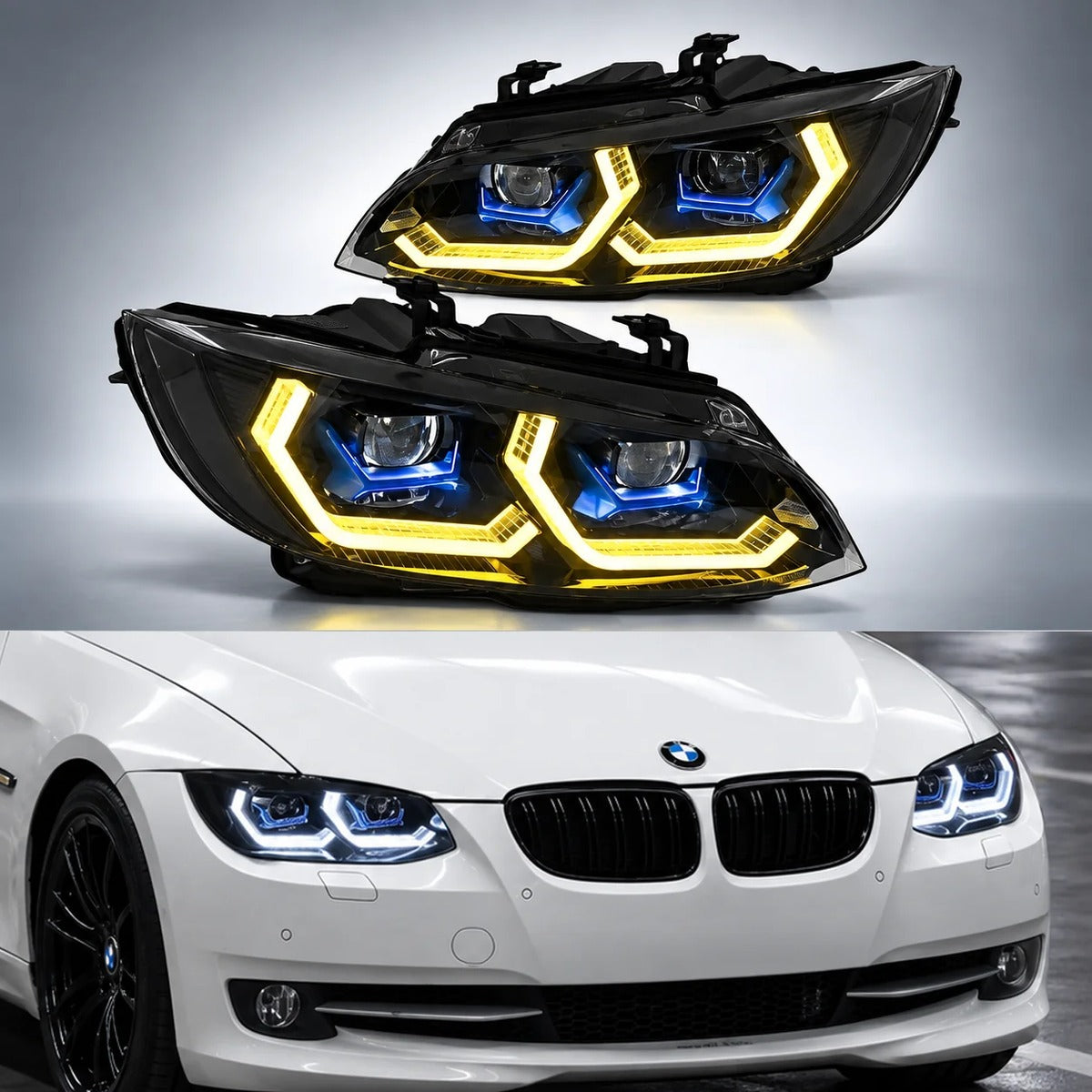 2011-2013 BMW 3-Series/M3 Yellow-White DRL Ikon Style LED Headlights | E92/E93 LCI