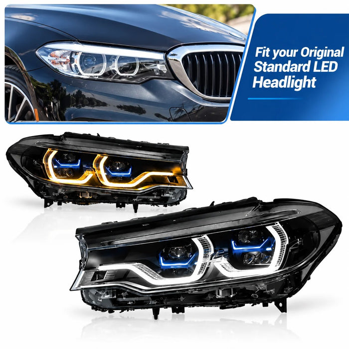 2017-2020 BMW 5-Series/M5 Yellow-White DRL Ikon Style LED Headlights | G30/F90 Pre-LCI
